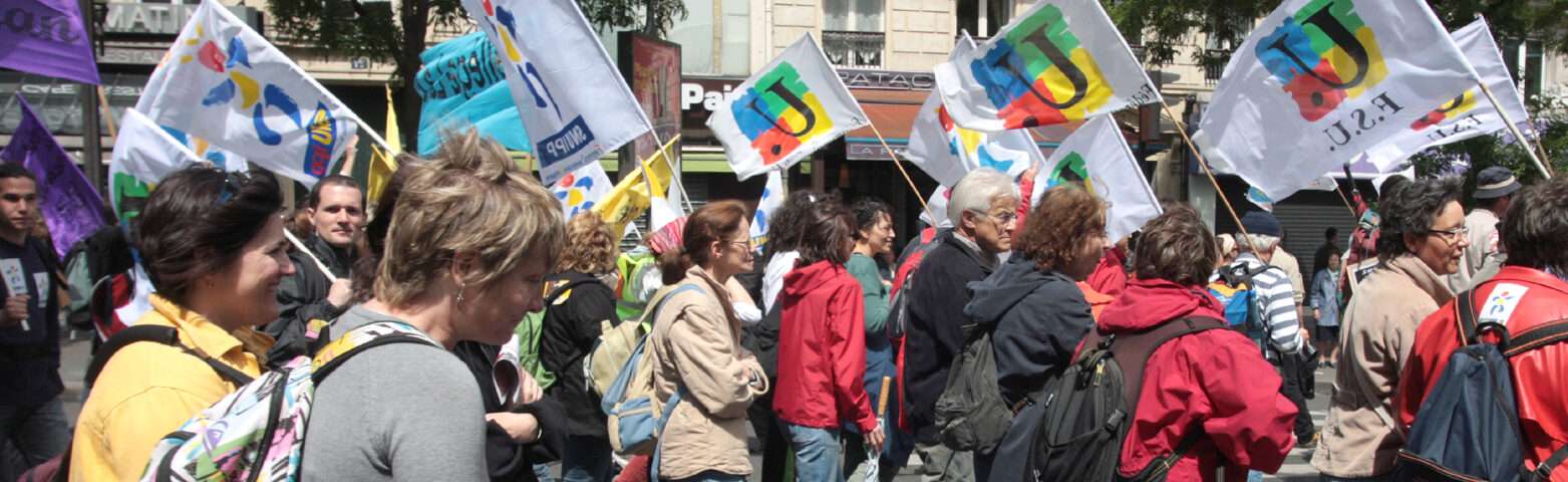 manifestants de la FSU drapeaux au vent