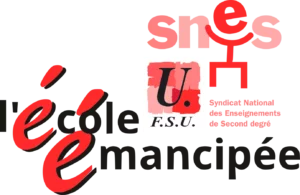 logo de l'école émancipée (éé) avec logo SNES-FSU rouge